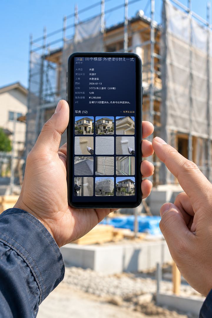 現場でスマートフォンのアプリを操作する手元。画面には工事の写真一覧が並ぶ(画面は実際のアプリ)