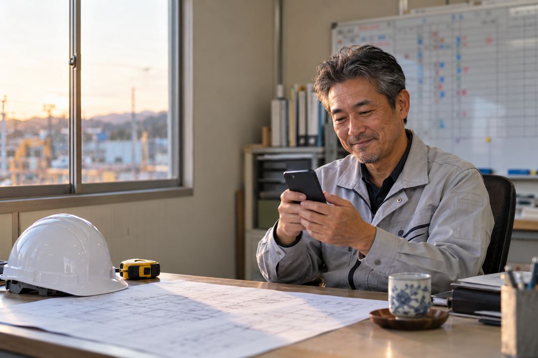 事務所でスマートフォンを確認する社長(イメージ)